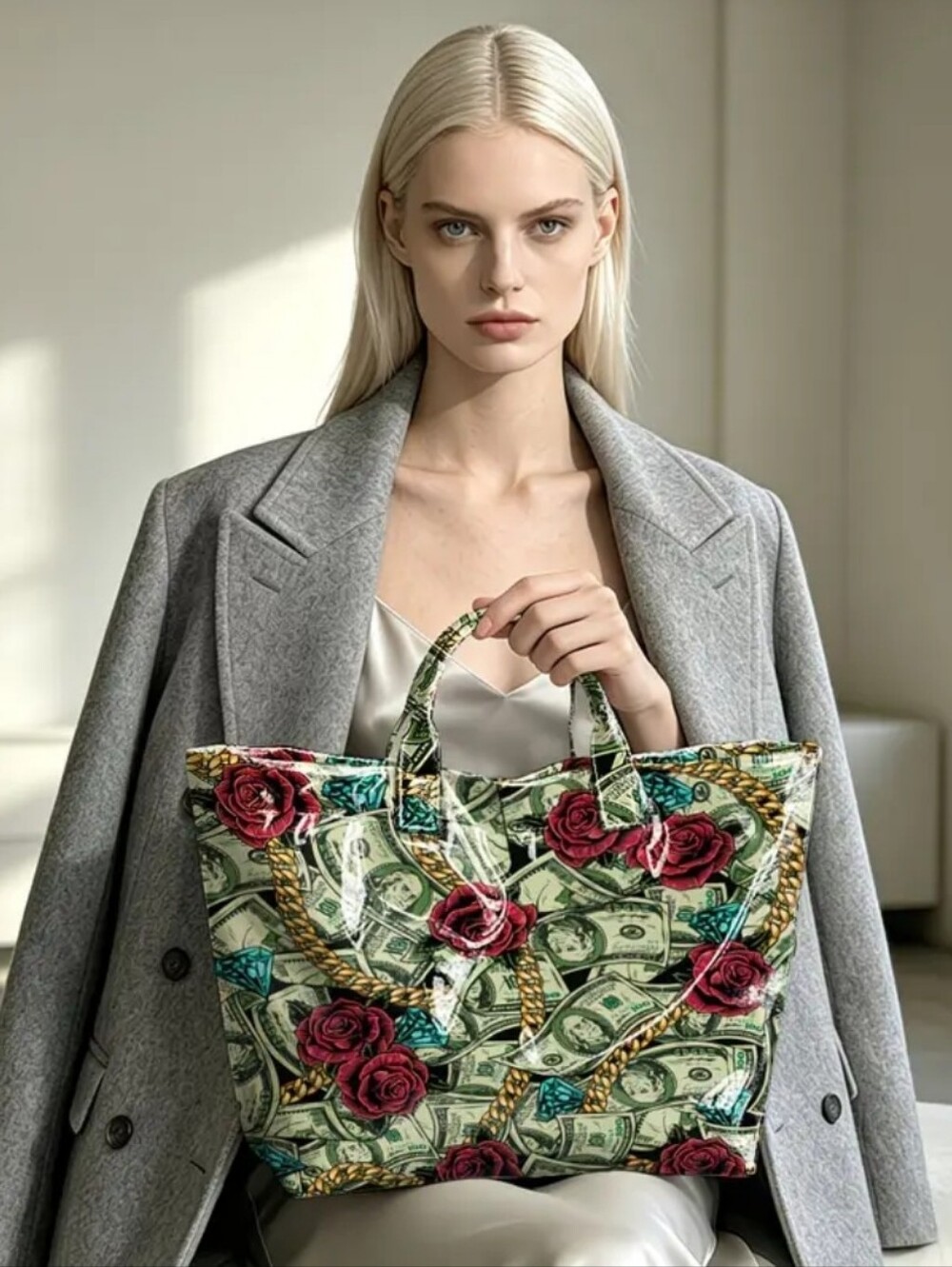 Money And Rose Dollar Sign Tote Shoulder Bag PVC
